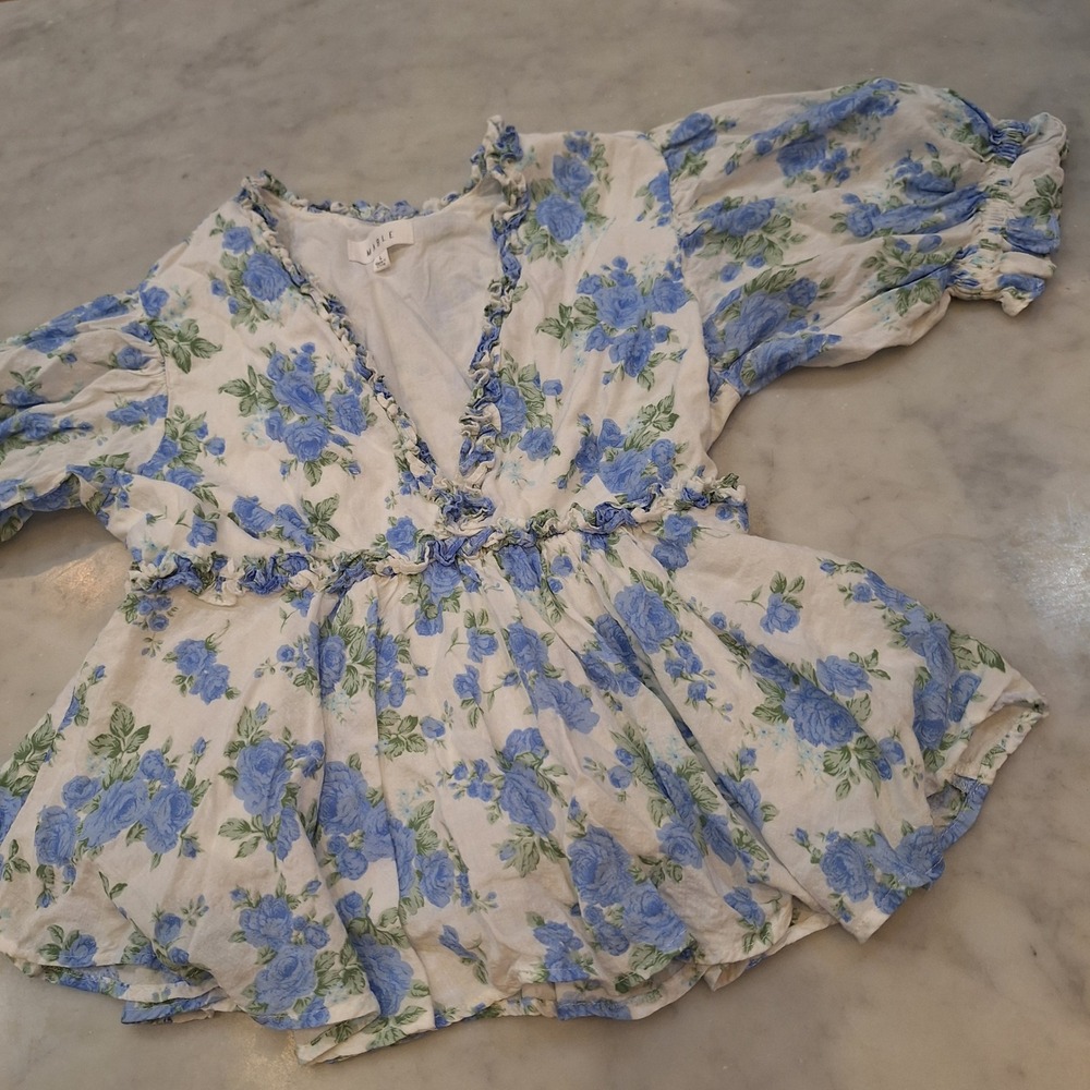 MABLE Peplum Boho Peasant Top Women Large Blue Floral Ruffle V-Neck Puff Sleeve